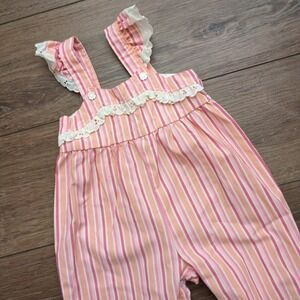 Vtg 80s Carter's Stripe Romper Jumpsuit Overalls Pink Orange Eyelet Ruffle 12M